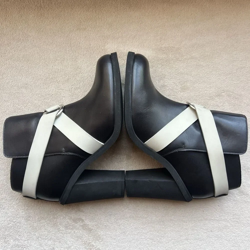 Maison Martin Margiela MM6 Black Leather w/ Cream Strap Ankle Booties EU 38 US 7
